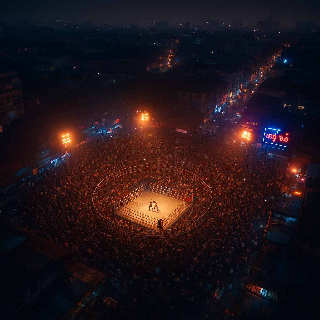 Wide shot of a Lethwei arena in Yangon at night with packed crowd
