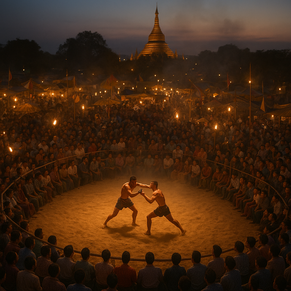 Traditional Lethwei festival fight in a circular sandpit