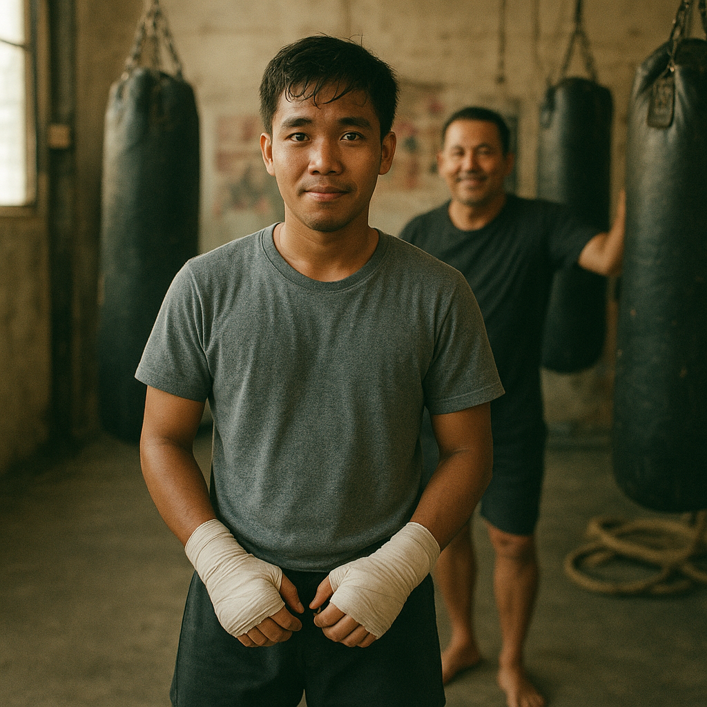A beginner Lethwei student at their first training session with hand wraps and heavy bags