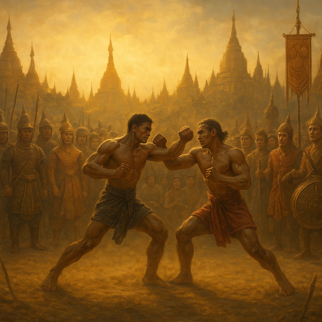 Ancient Pyu Empire sandpit boxing match with two bare-chested fighters in a dirt circle, surrounded by warriors and nobles in traditional Burmese dress