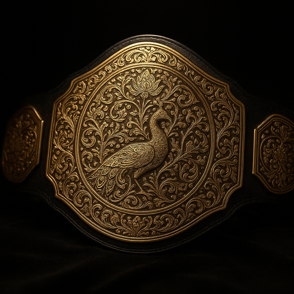 Gleaming ornate golden Lethwei championship belt on dark velvet with Burmese traditional design patterns