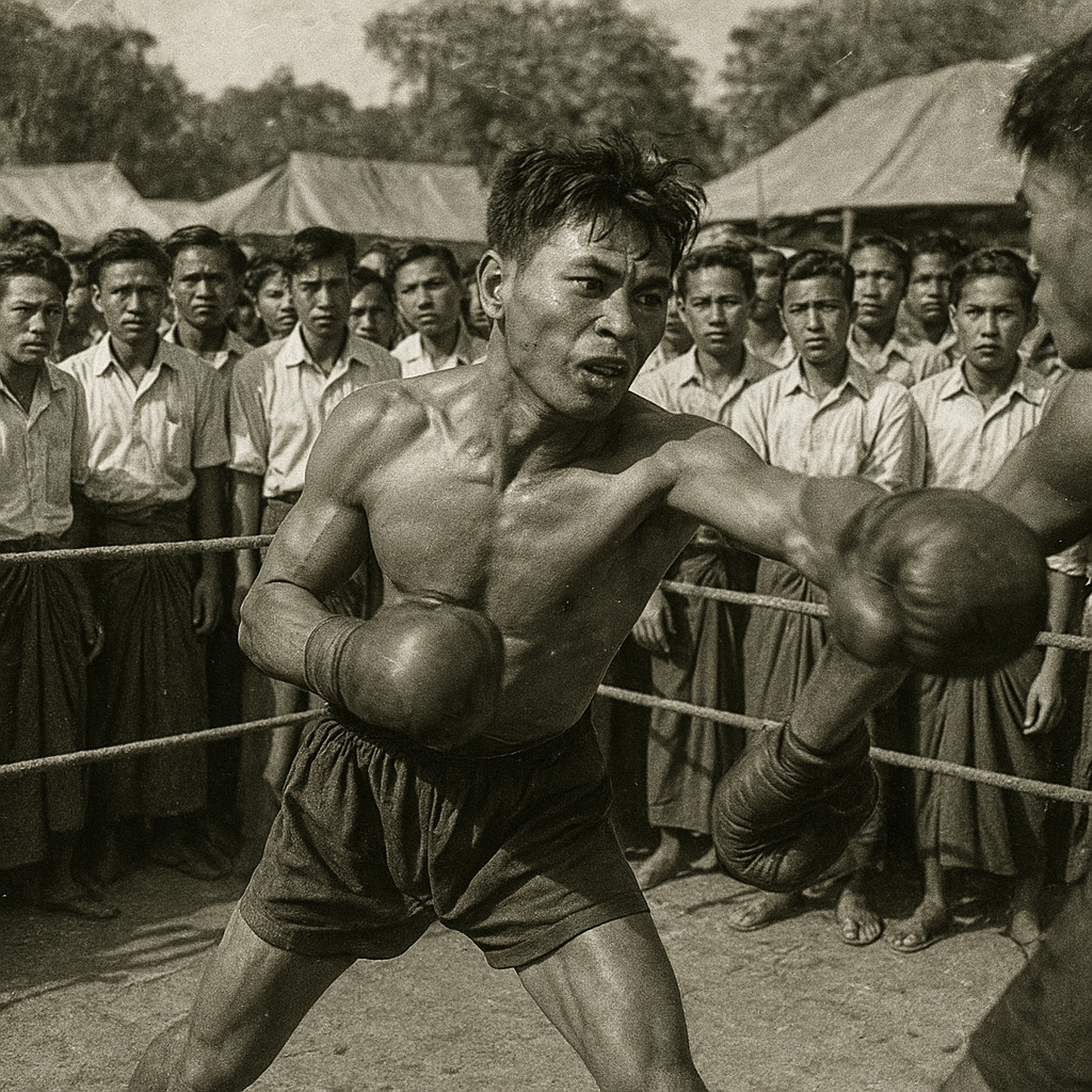 Vintage 1950s Burmese boxing match in an outdoor ring, black and white documentary photography style