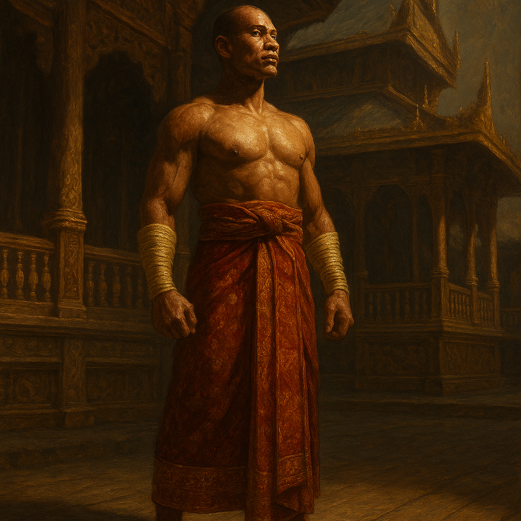 A Royal Boxer of ancient Burma standing proud in ceremonial wraps in a Myanmar palace courtyard