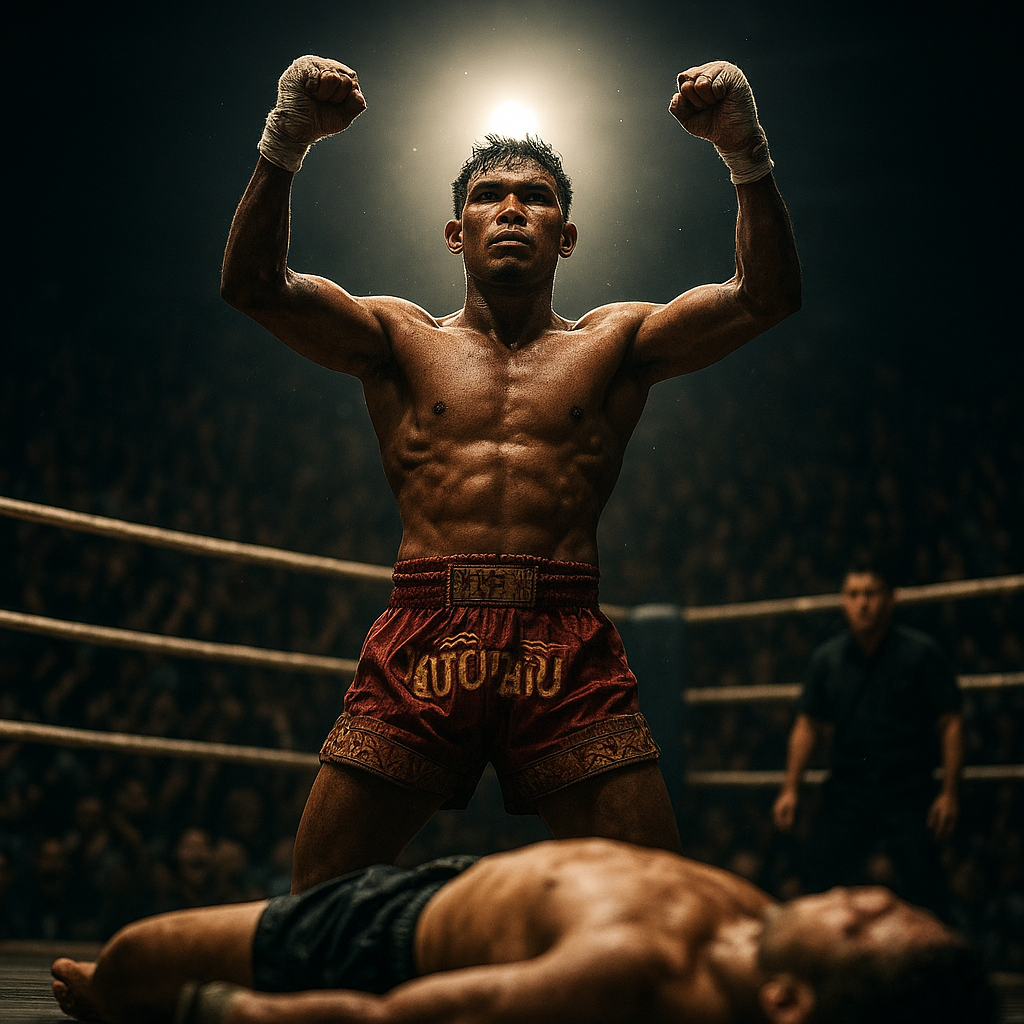 Dramatic moment of a Lethwei fighter standing over a knocked-down opponent, fists raised in victory under arena lights